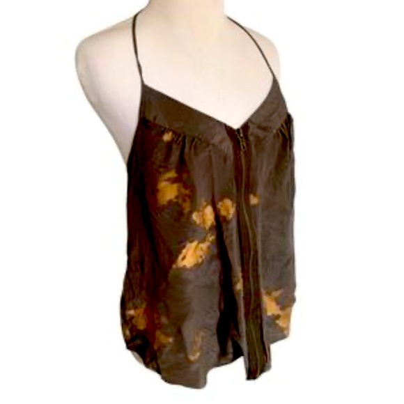 Elegant Anthropologie Silk brown and gold zipper up top medium loose fit tank - Picture 1 of 7